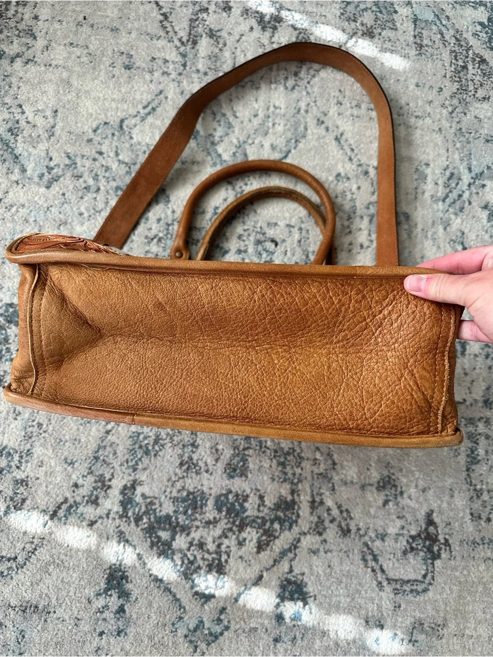 Vintage Tooled Leather Tote with Turquoise Southwestern Panel